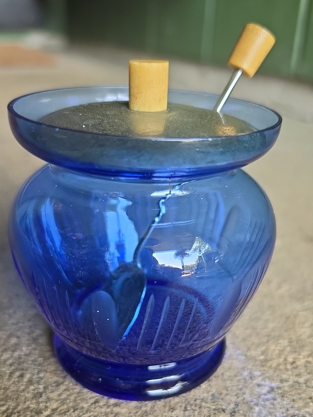 Cobalt Blue Glass Ashtray with Wooden Handle